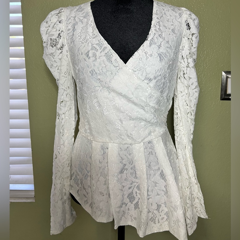 DO+BE White Lace Long-Sleeve Peplum Wrap Top Dress